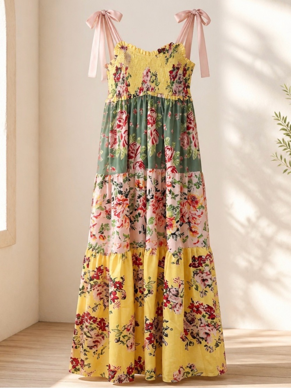 Smocked Floral Tiered Maxi Dress - Yellow & Green multicolor